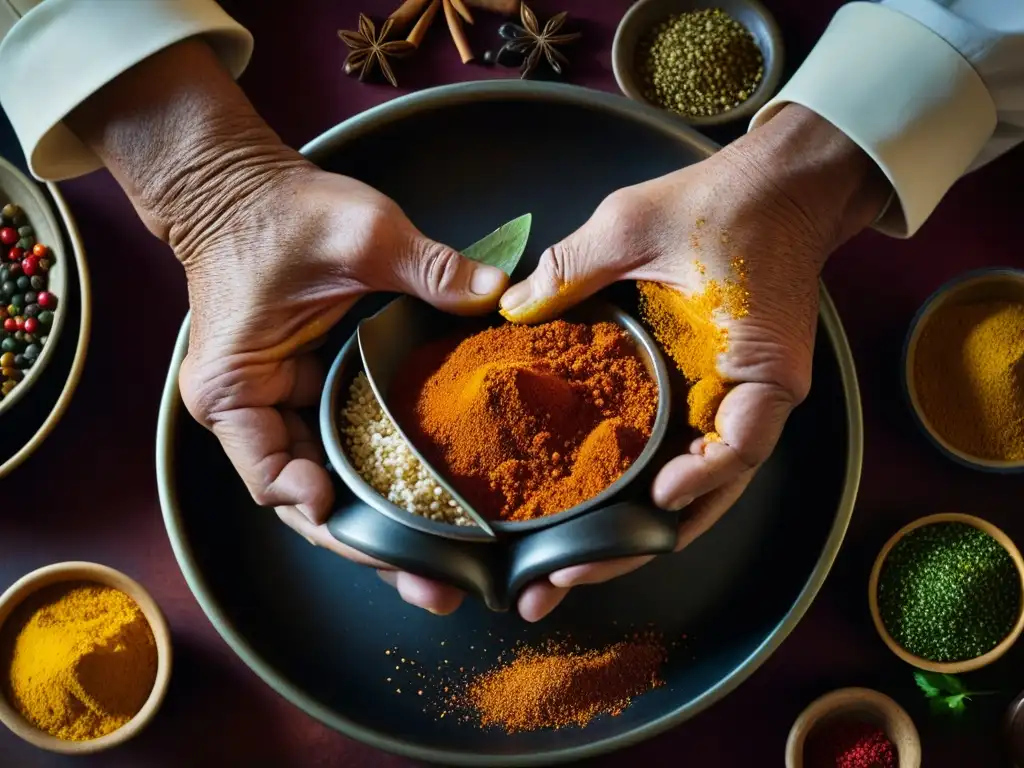 Manos expertas creando platos tradicionales, rodeadas de especias coloridas