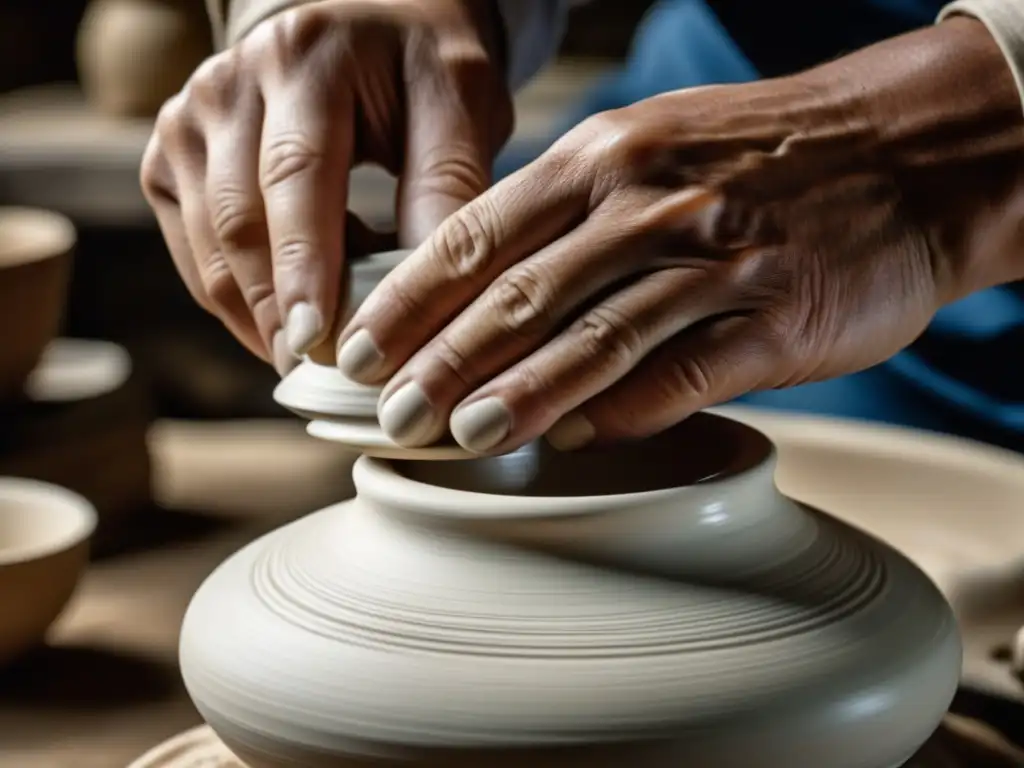 Manos expertas moldean porcelana en torno, fusionando arte y tecnología en producción cerámica revolución industrial
