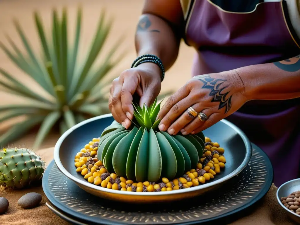 Manos expertas preparando postre tradicional con ingredientes locales en desierto vibrante