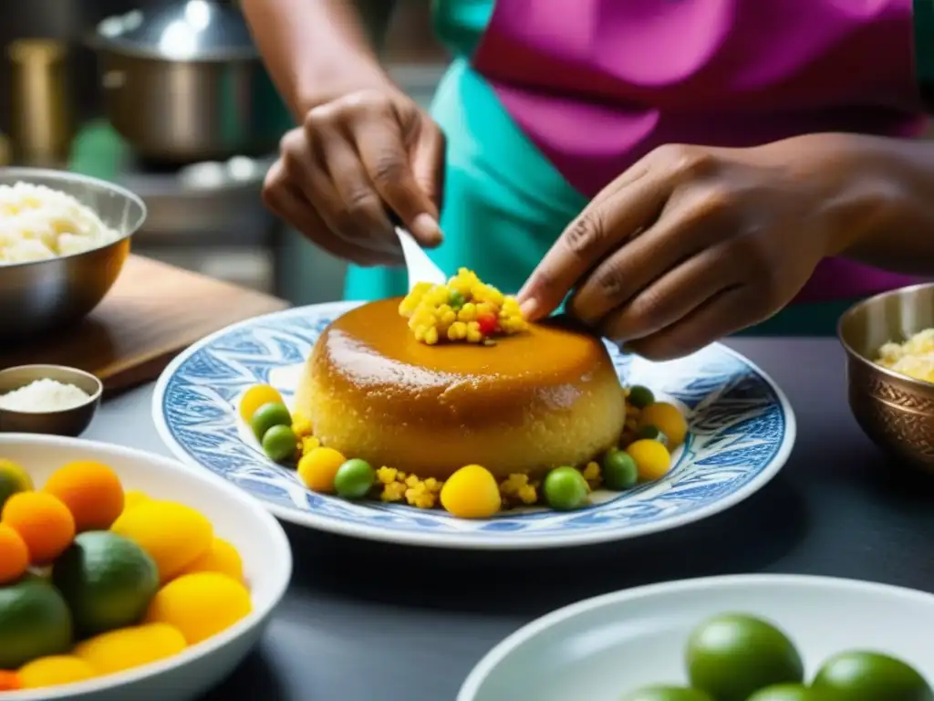 Unas manos expertas crean postres caribeños con influencia cultural africana en una cocina vibrante