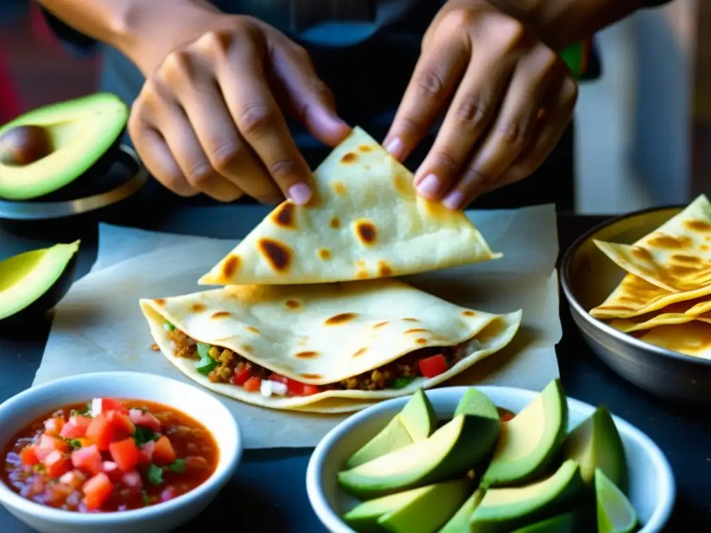 Manos expertas preparando una quesadilla crispante, con ingredientes frescos y coloridos, evocando el origen antojitos mexicanos Revolución