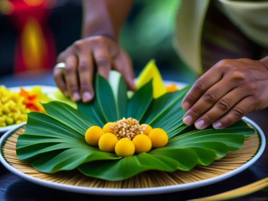 Manos expertas preparan una receta histórica de la cocina micronesia, resaltando colores y texturas