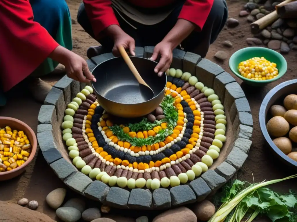 Preparación de Pachamanca en los Andes: manos expertas crean una receta histórica con ingredientes vibrantes