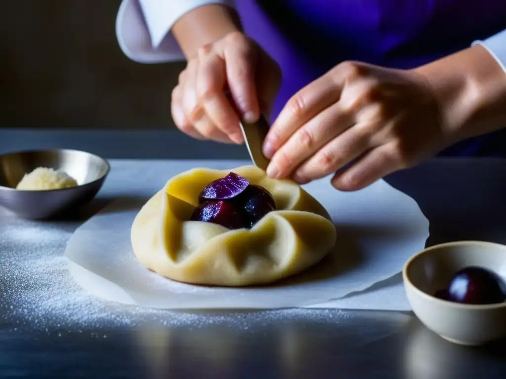 Manos expertas elaborando la receta tradicional de knödel de ciruela, en una escena detallada y vibrante