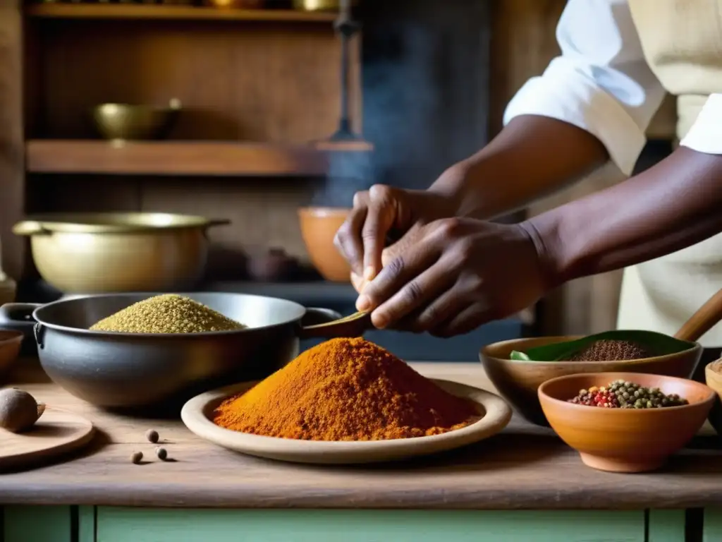 Unas manos expertas preparando recetas coloniales africanas, historia culinaria en acción