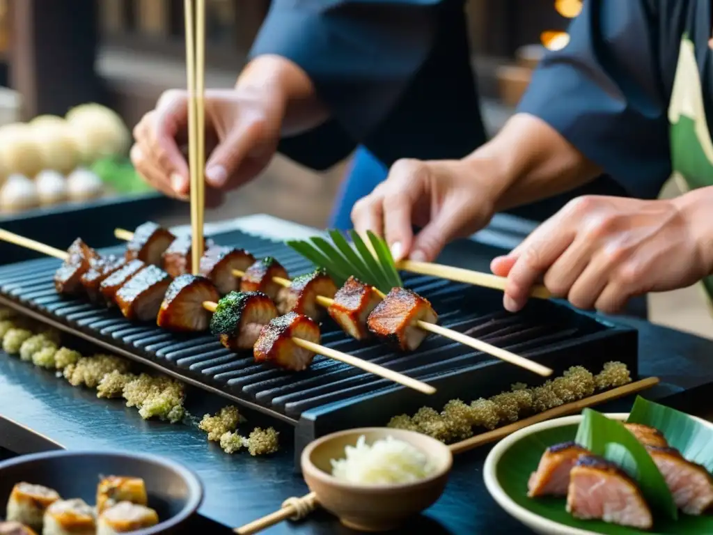 Manos expertas preparando yakitori en Edo, mostrando recetas históricas comida calle Edo