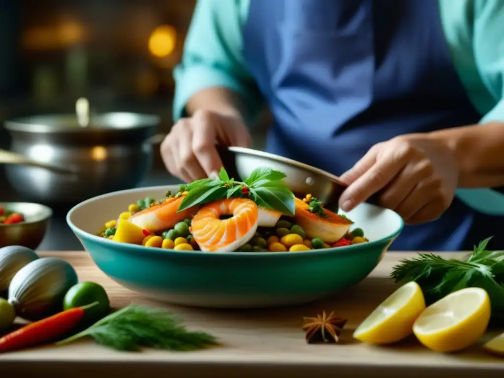 Manos expertas preparando recetas históricas de pescados y mariscos de la Ruta de la Seda