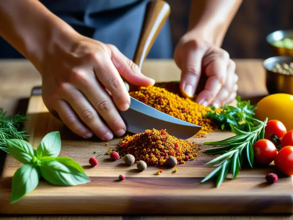 Manos expertas preparando recetas históricas culturas épocas con especias coloridas en tabla de madera