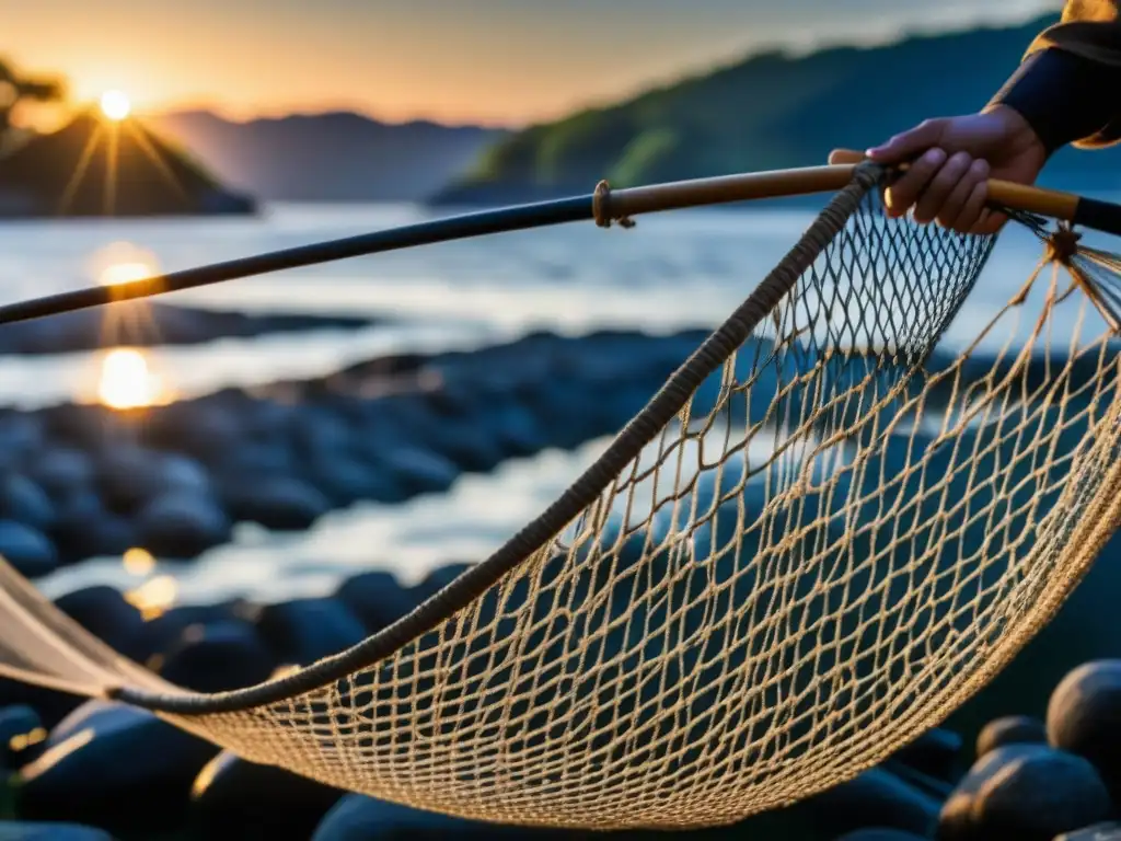 Manos expertas tejen red de pesca tradicional japonesa en río al amanecer, resaltando la importancia pesca dieta Era Edo