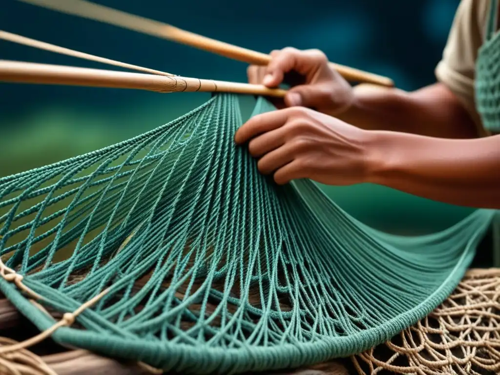 Manos expertas tejiendo una red de pesca tradicional, resaltando técnicas sostenibles de antiguas culturas marítimas