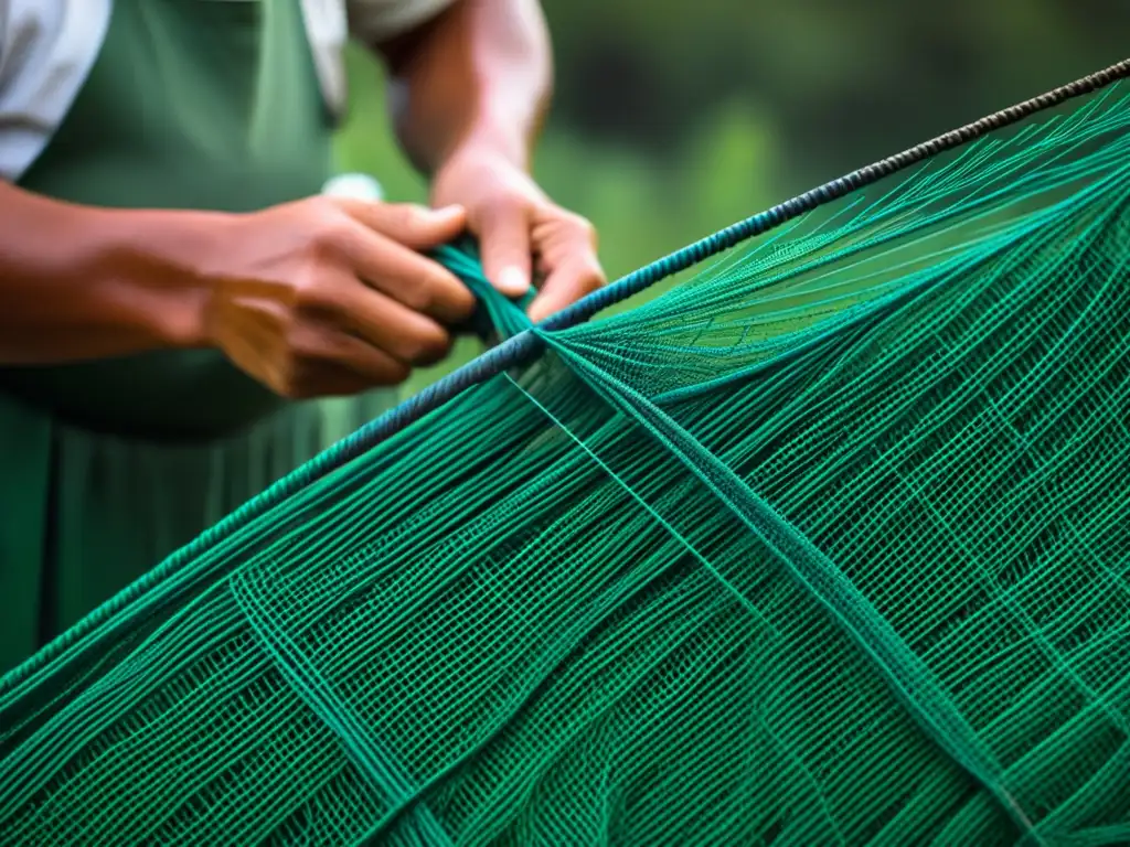 Manos expertas tejiendo una red de pesca en la América colonial, resaltando la importancia de las técnicas tradicionales