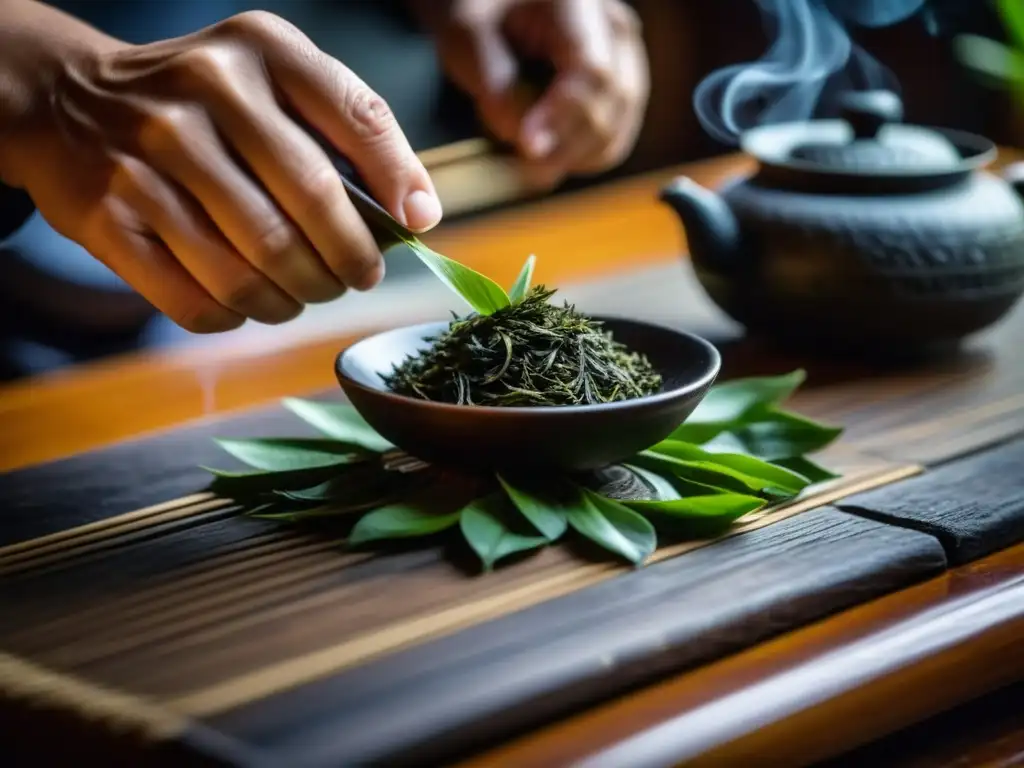 Manos expertas en la Ruta del Té China Tradiciones, enrollando hojas verdes en ceremonia tradicional