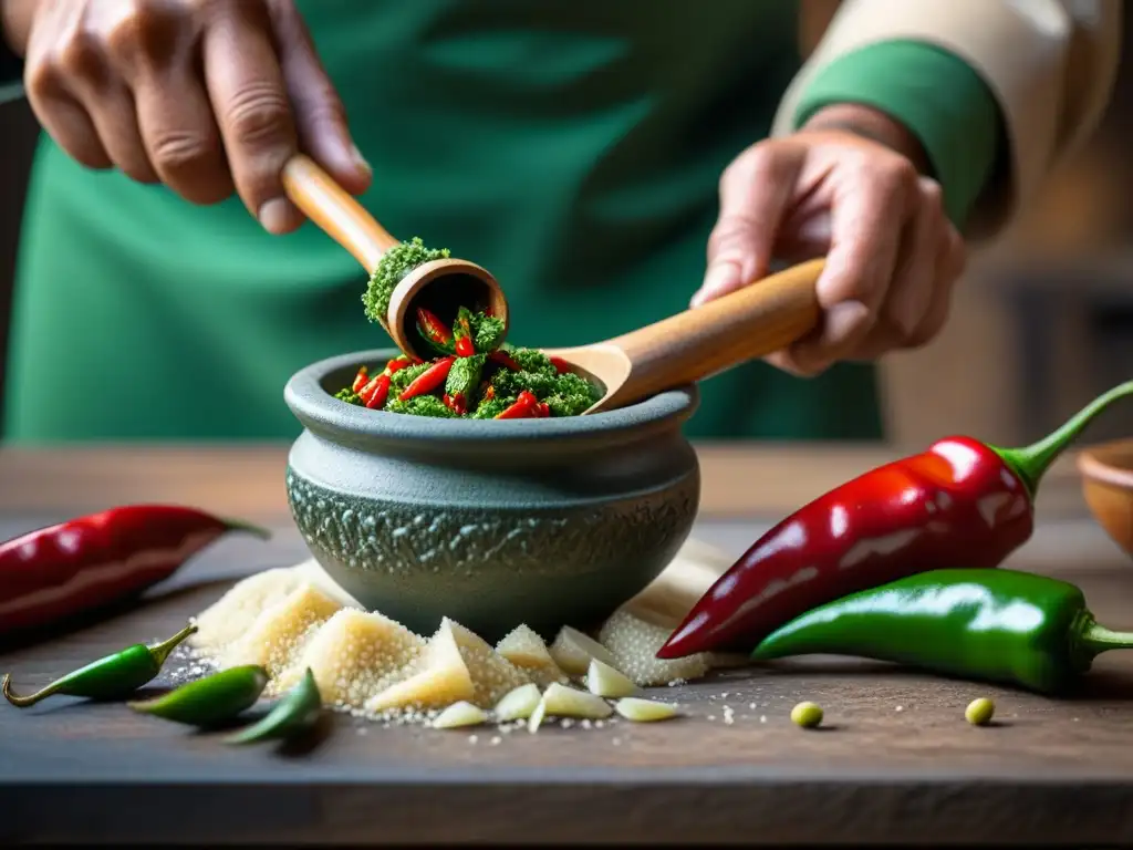 Manos expertas preparan Salsa llajwa tradición boliviana con chiles frescos en molcajete de piedra