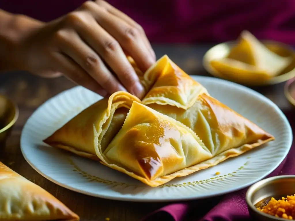 Manos expertas crean samosa dorada y crujiente, mostrando la evolución cultural de esta delicia en la mesa