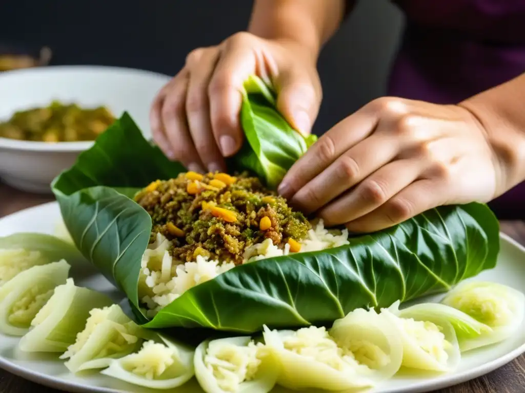 Manos expertas preparan sarmale, legado otomano en la cocina rumana, mezcla de carne y arroz en hojas de repollo