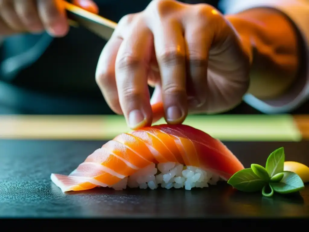 Manos expertas cortando sashimi con precisión, reflejando la influencia japonesa en gastronomía histórica