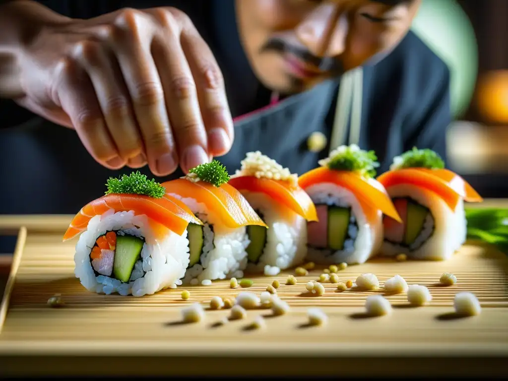 Manos expertas creando sushi con precisión y delicadeza, mostrando la historia del sushi desde Edo