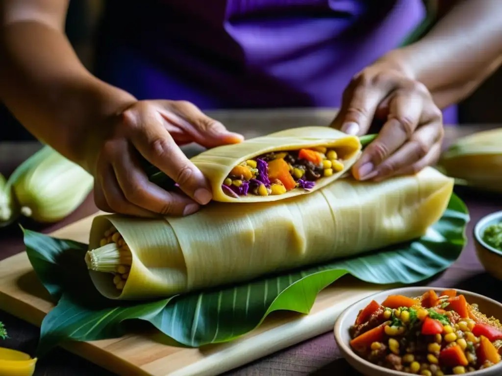 Manos expertas crean un tamal andino tradicional con ingredientes vibrantes