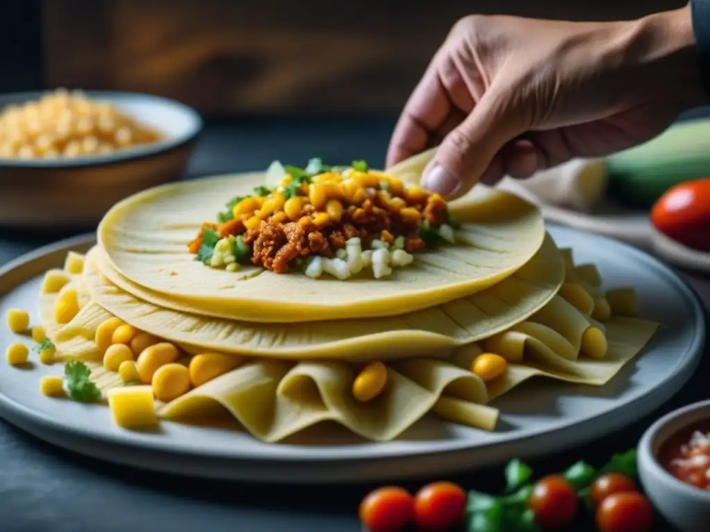 Manos expertas crean un tamal azteca con maíz, pollo, salsa y queso