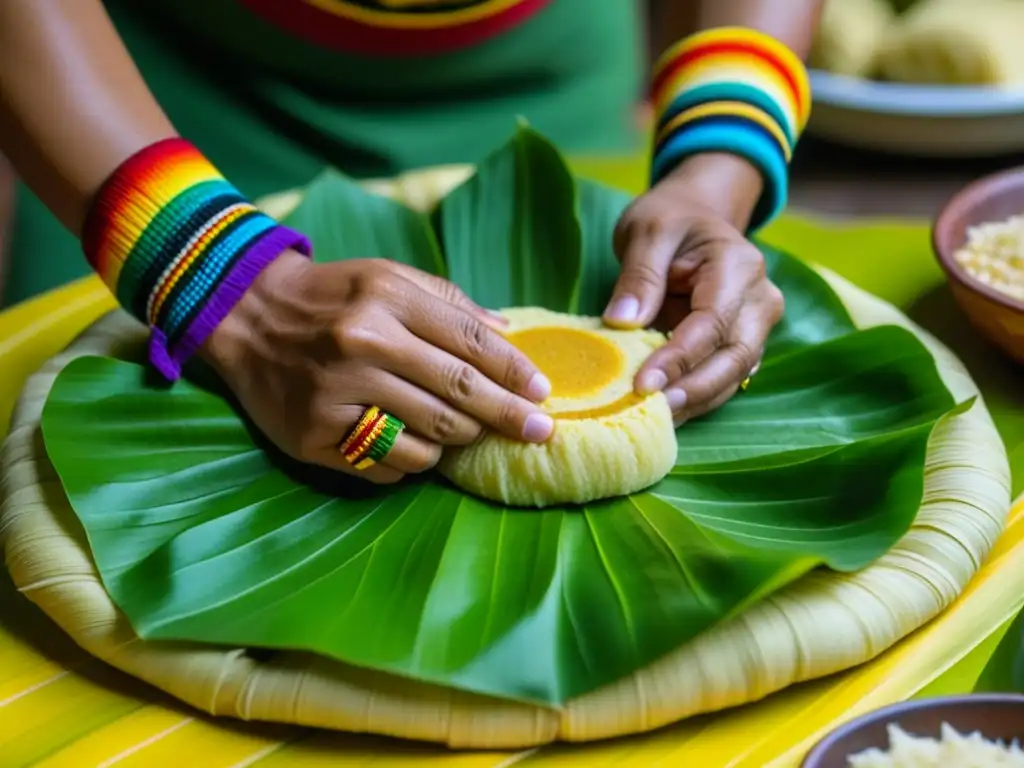 Manos expertas creando un tamal maya en hoja de plátano, resaltando origen e historia de tamales