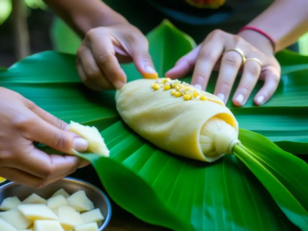 Manos expertas preparando tamales mayas con ingredientes tradicionales en hoja de plátano - Origen e historia de tamales