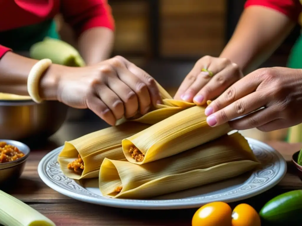 Manos expertas moldeando tamales navideños en una cocina rústica, reflejando la tradición culinaria de Navidad en Hispanoamérica