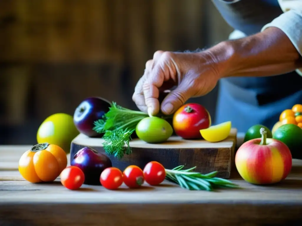 Manos expertas aplicando técnicas antiguas conservación alimentos modernas en frutas y verduras frescas