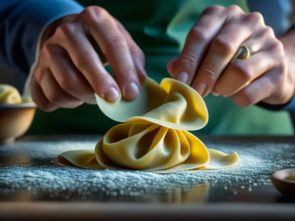 Manos expertas moldeando tortellini, reflejando el origen y evolución del tortellini italiano