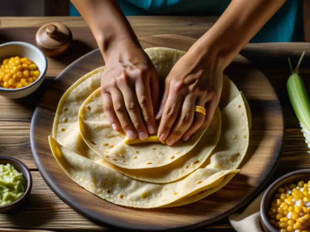 Manos expertas crean una tortilla de maíz con textura detallada, simbolizando la resistencia de recetas históricas ante el colonialismo