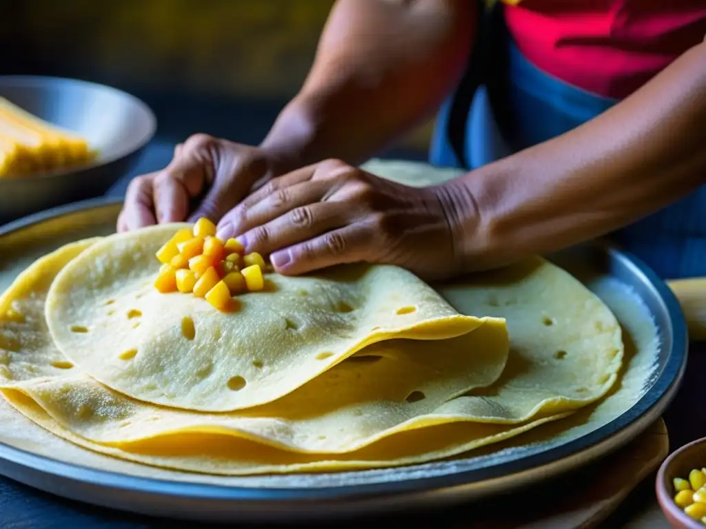 Unas manos expertas moldean tortillas de maíz en revolución en un comal tradicional, reflejando la herencia culinaria