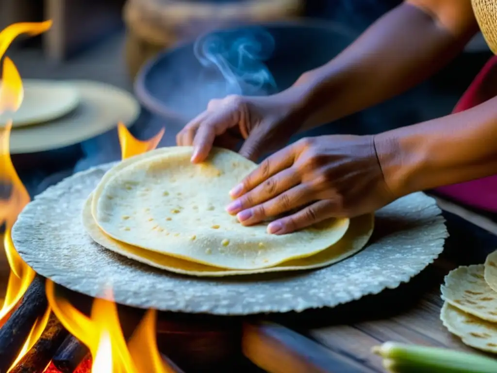 Manos expertas moldean tortillas de maíz en comal sobre llama