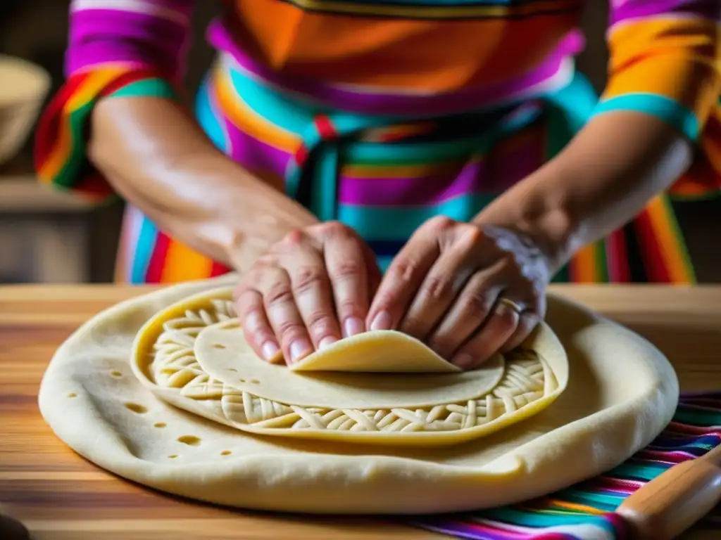 Manos expertas moldeando tortillas de masa, con rebozo tradicional al fondo