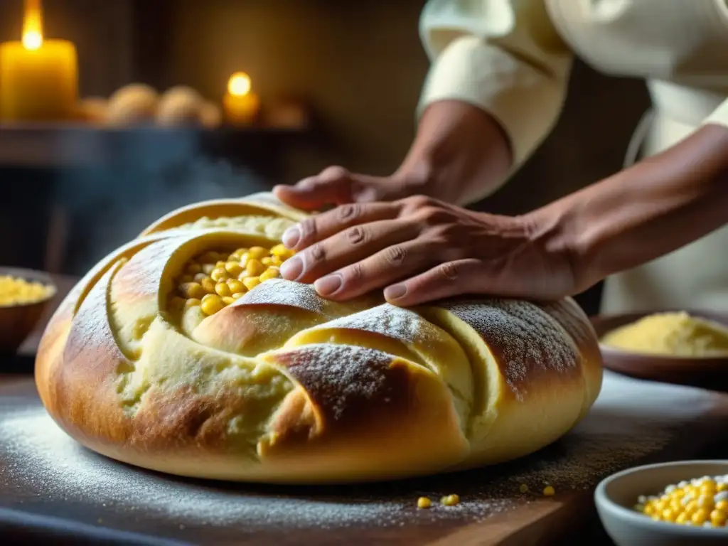 Arte ancestral: panadero latinoamericano moldeando masa de maíz Manos expertas en panadería tradicional latinoamericana moldeando masa de maíz - Historia del maíz en panadería