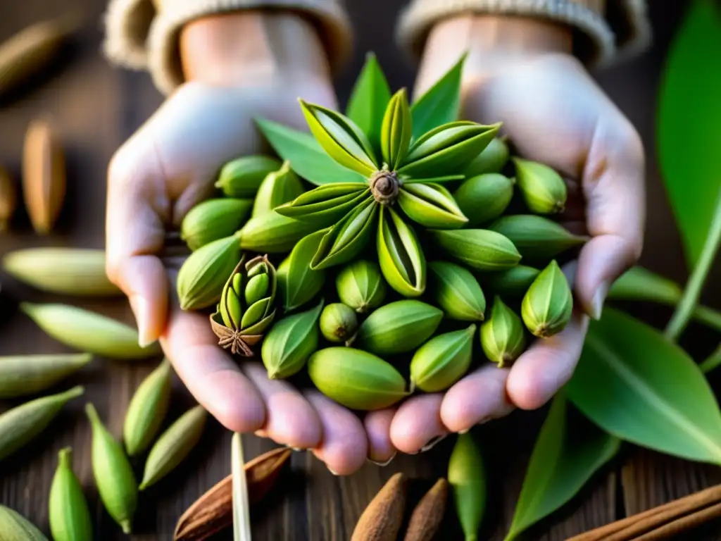 Unas manos expertas sostienen delicadamente vainas de cardamomo verde, rodeadas de especias tradicionales