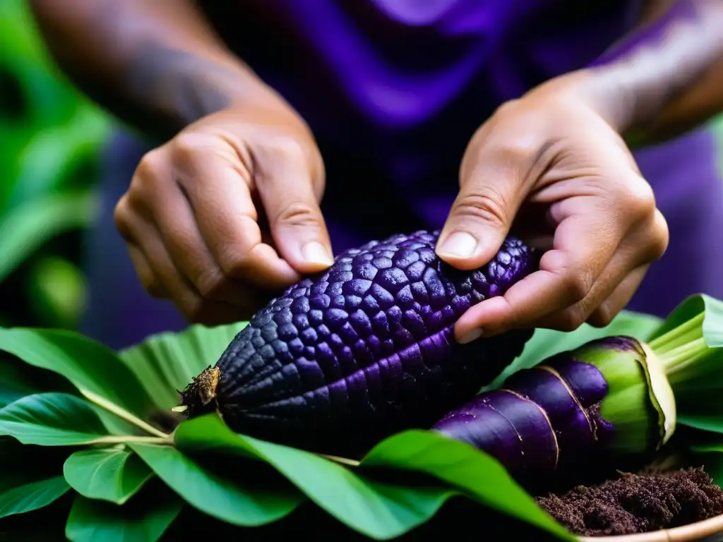 Unas manos expertas pelan una vibrante raíz de taro morado, resaltando la textura y color