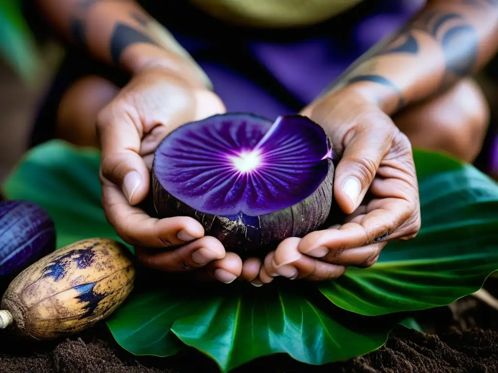 Manos expertas pelando un vibrante taro morado, en Micronesia