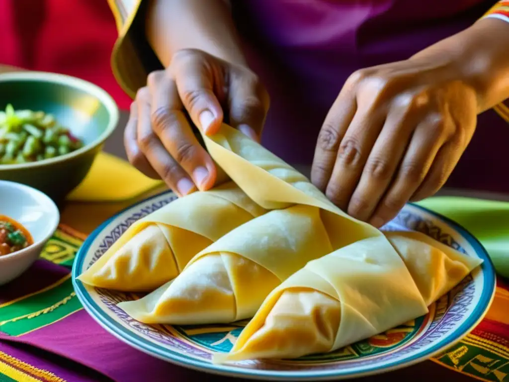 Unas manos expertas crean wantanes rellenos con ingredientes peruanos y asiáticos, fusionando culturas en una obra culinaria