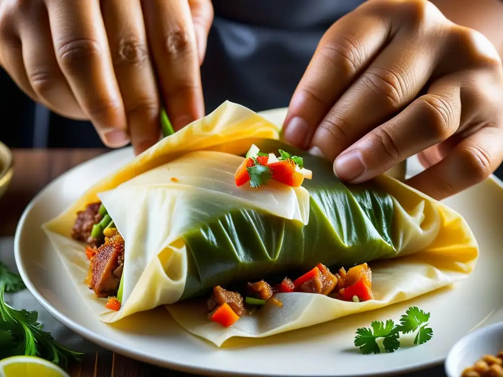 Manos expertas preparando wantanes rellenos, resaltando la historia y la receta de esta delicia gastronómica