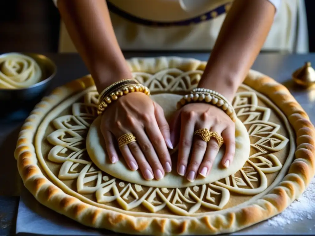 Unas manos femeninas expertas moldean con destreza la masa bizantina, reflejando la tradición culinaria y el arte de la mujer en la cocina bizantina