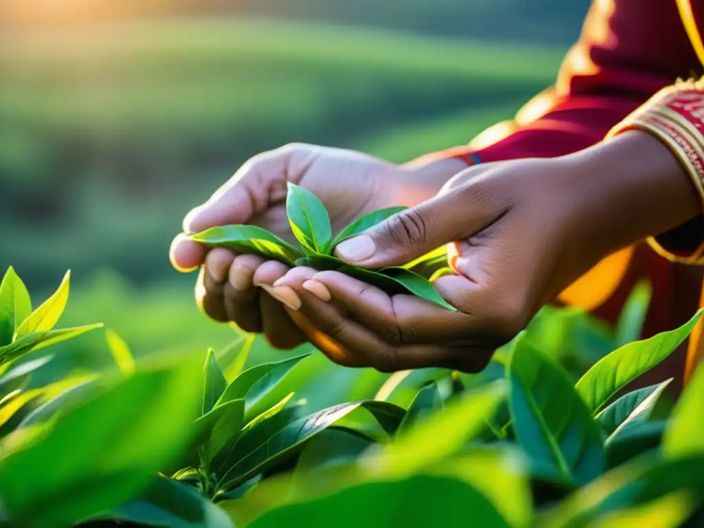 Manos femeninas recogen hojas de té en plantación al amanecer