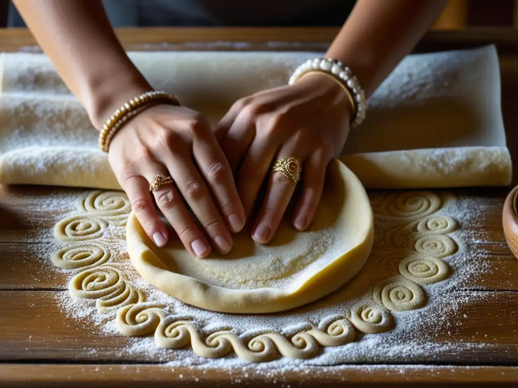 Manos femeninas amasando masa en mesa de madera con harina, destacando la importancia de las mujeres en la historia de la cocina