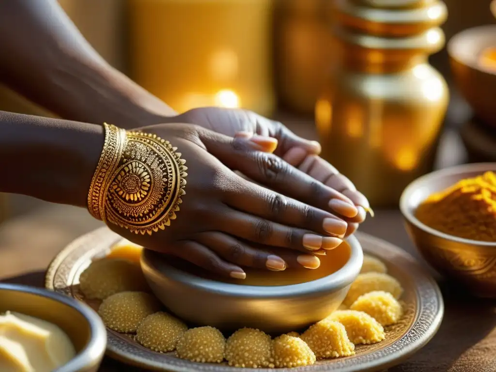 Manos femeninas masajean mezcla dorada de manteca de karité y miel, resaltando beneficios en cocina africana tradicional