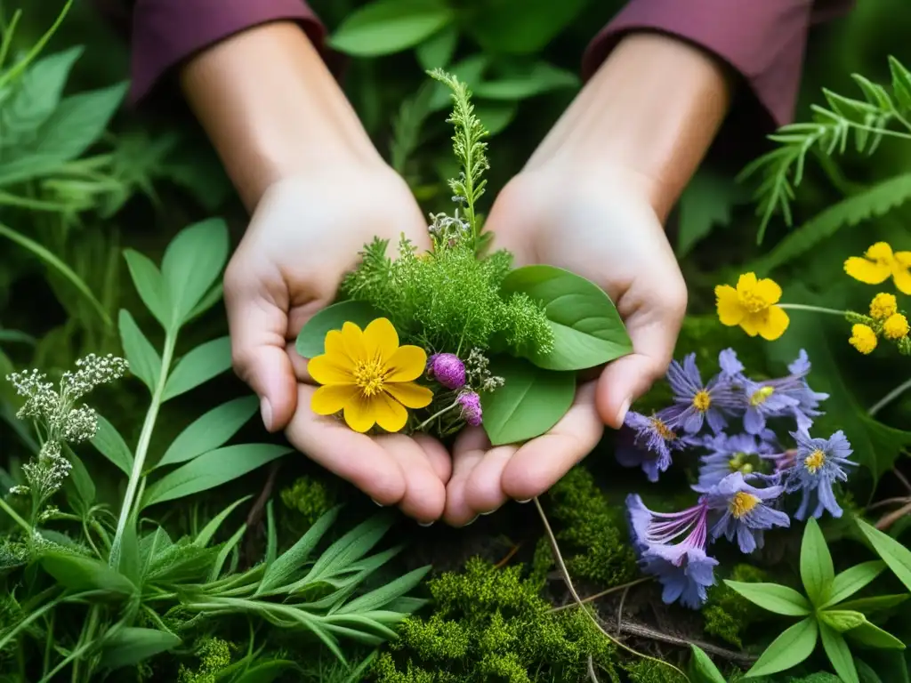 Manos de forrajeador recogiendo hierbas y flores silvestres, conectando con la historia culinaria y el forrajeo sostenible