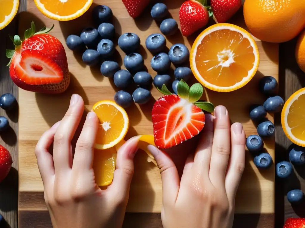 Manos cortando frutas en detalle sobre tabla de madera