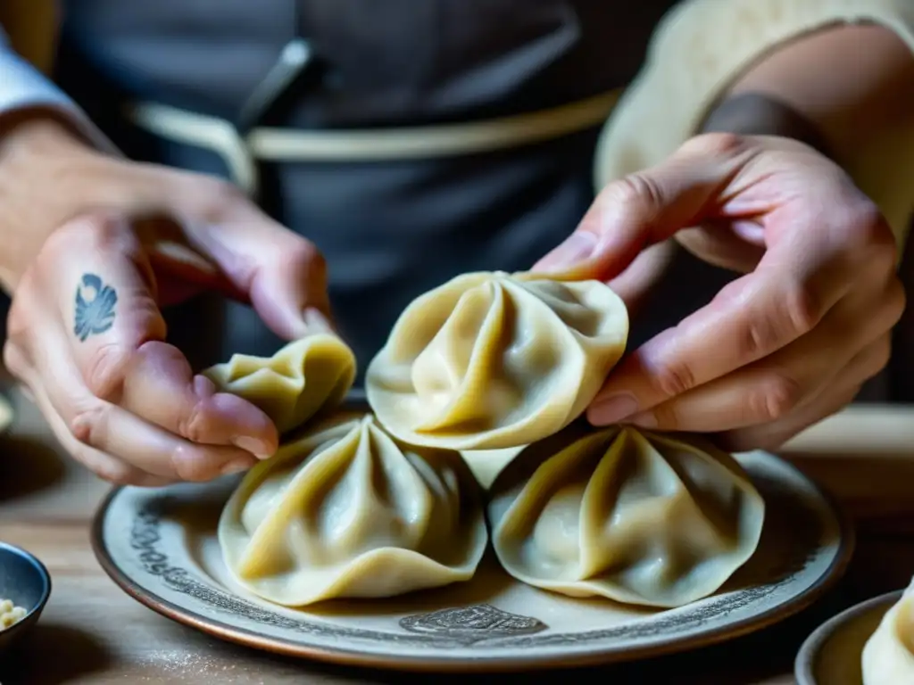 Unas manos gastadas moldean pelmeni soviéticos en una cocina bulliciosa, evocando tradiciones culinarias fiestas banquetes soviéticos