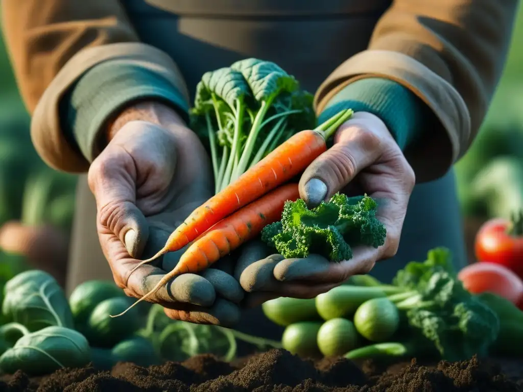 Manos del granjero: cosecha vibrante en la era de la Depresión Unas manos de granjero desgastadas por el trabajo, sosteniendo vegetales en escena autónoma durante Gran Depresión