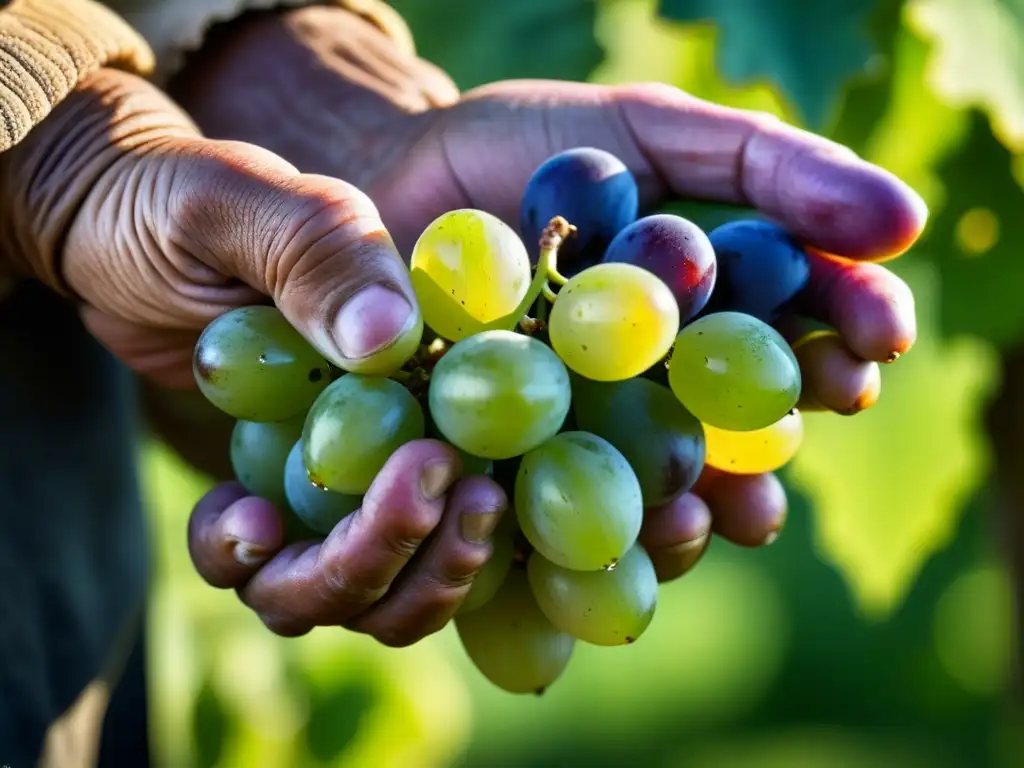 Manos de granjero envejecidas sujetando uvas maduras, detalle y color vibrante