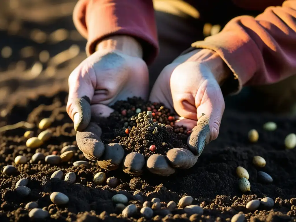 Manos de un granjero siembran semillas antiguas en tierra fértil, evocando métodos agrícolas antiguos para combatir la inseguridad alimentaria