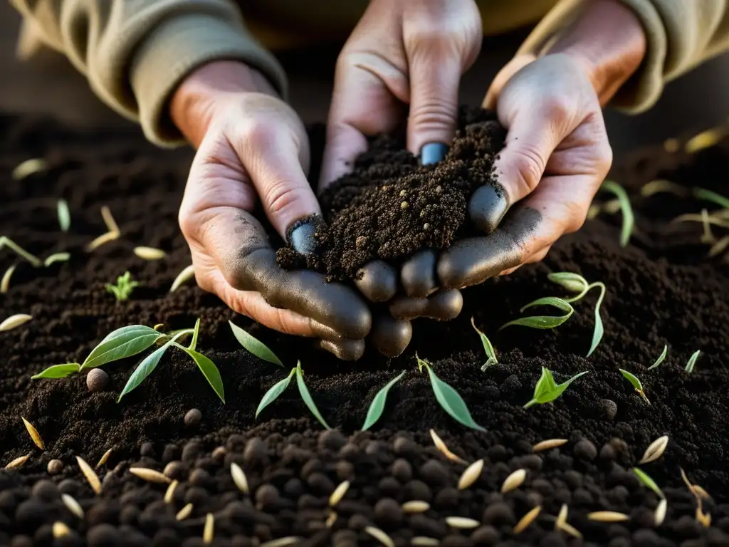 Manos de granjero plantando semillas únicas en tierra oscura, simbolizando la Revolución Orgánica Historia Alimentación