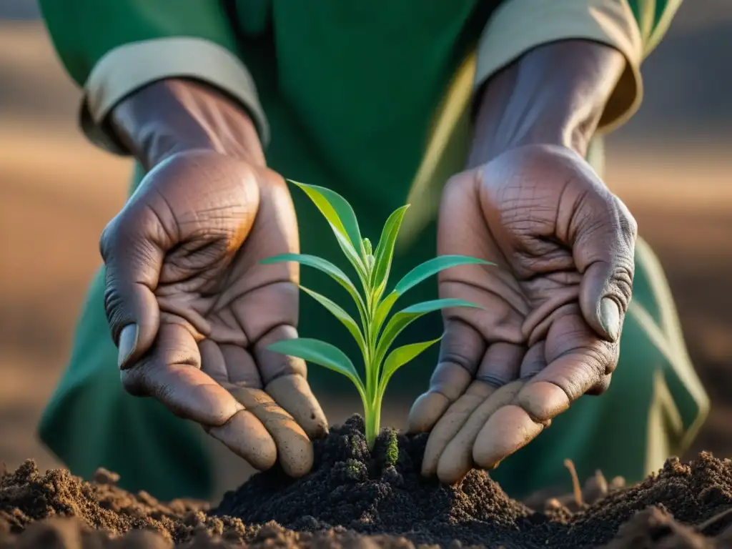 Manos de granjero sudafricano sostienen brote verde en tierra seca, simbolizando esperanza y resistencia